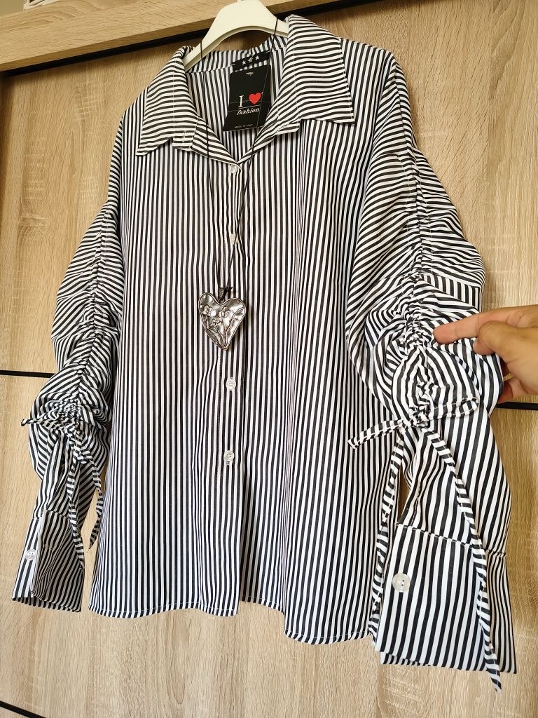 Koszula guziki paski 42 44 Plus size wiązanie kołnierzyk