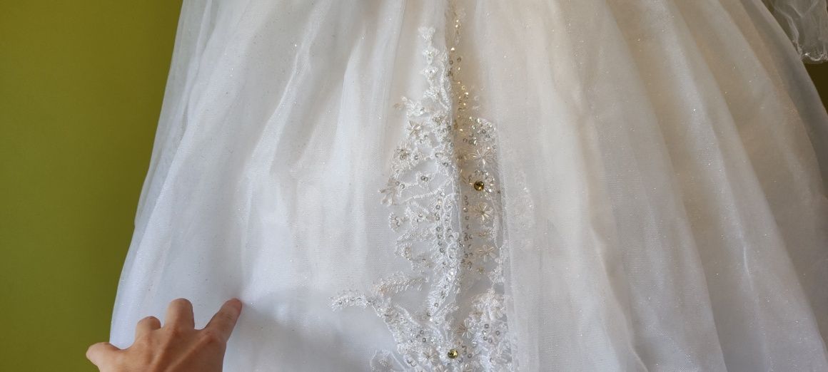 Suknia ślubna księżniczka kryształki 34 36 koronka welon rękawiczki
