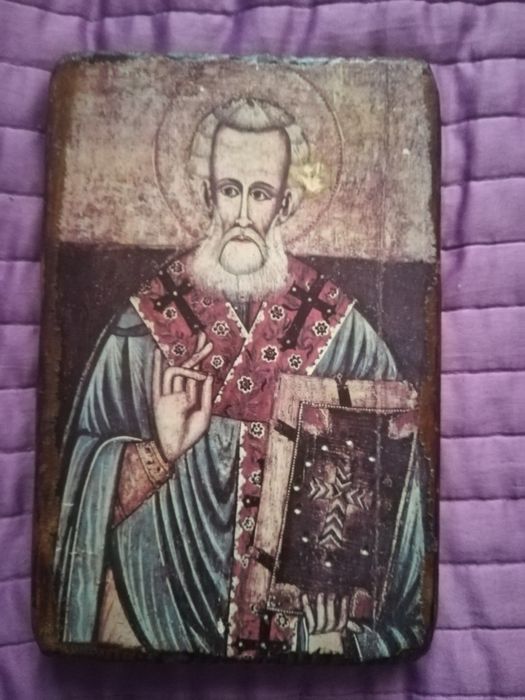 Ikona na drewnie drewniana drzewie święty pamiątka komunia prezent PRL