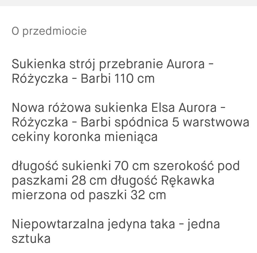 Sukienka strój przebranie Aurora Różyczka Barbie