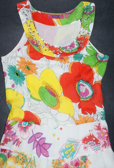 JANIS_Piękna Sukienka_biała kolorowe kwiaty falbany bawełna BOHO_M/38