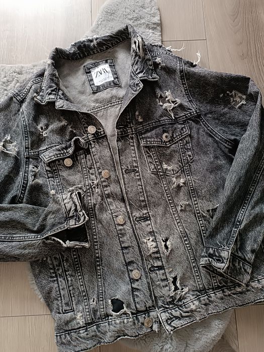 Katana kurtka jeansowa firmy ZARA szara kurtka przecierana z dziurami