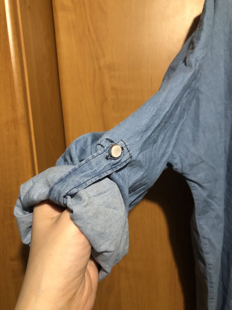 Niebieska bawełniana dluga asymetryczna koszula damska lampasy L-XL