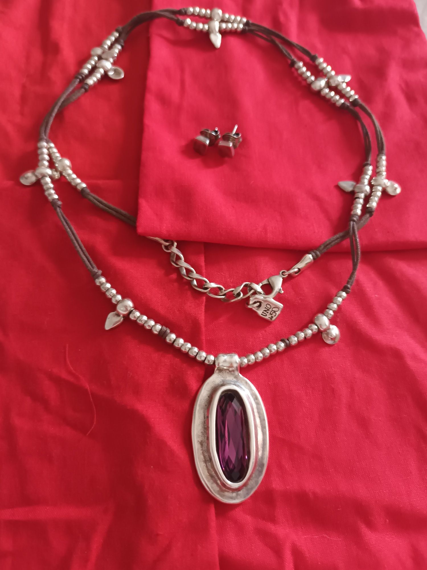 Conjunto UNO de 50 pulseira, colar, brincos e anel pedra roxa