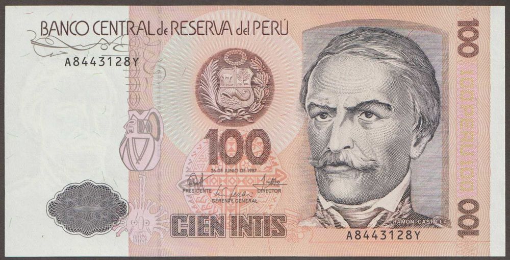 Peru 100 intis 1987 - Ramon Castilla - stan bankowy UNC