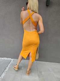 Sukienka pomarańcz prążek ciekawy tył roz M/L
