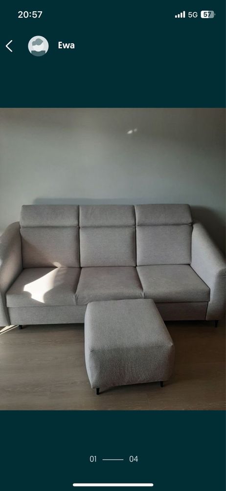 Nowa sofa rozkładana do spania, zagłówki regulowane, beżowa, podnóżek