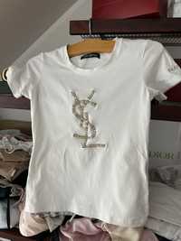 Biały T-shirt YSL XS S zlote logo