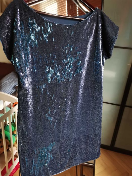 Sukienka cekinowa Stefanel XS/S granat/turkus, sylwestrowa mini