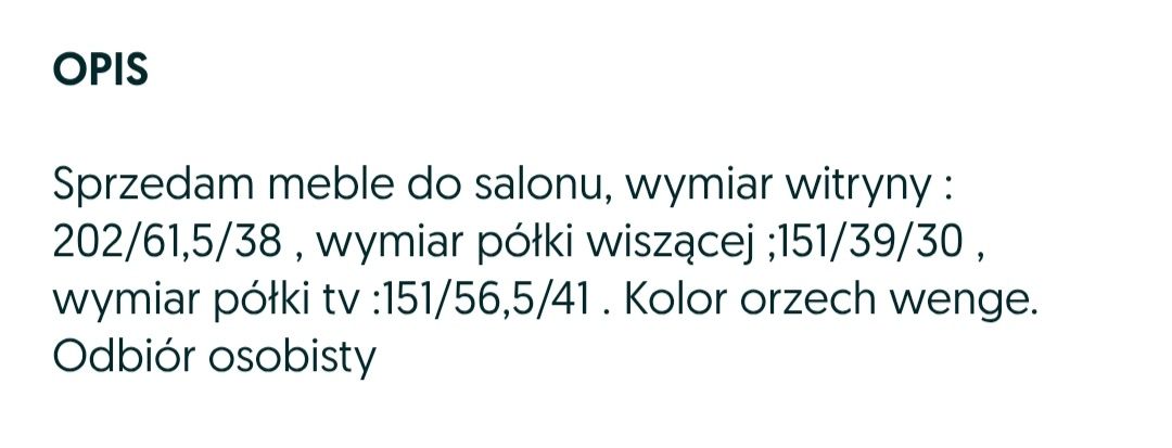 Stôł z krzesłami, witryna stojąca i wisząca  oraz półka pod tele