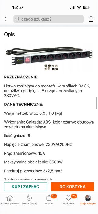 Listwa zasilająca PULSAR RALZ RACK 19'' 8 gniazd wyłącznik
