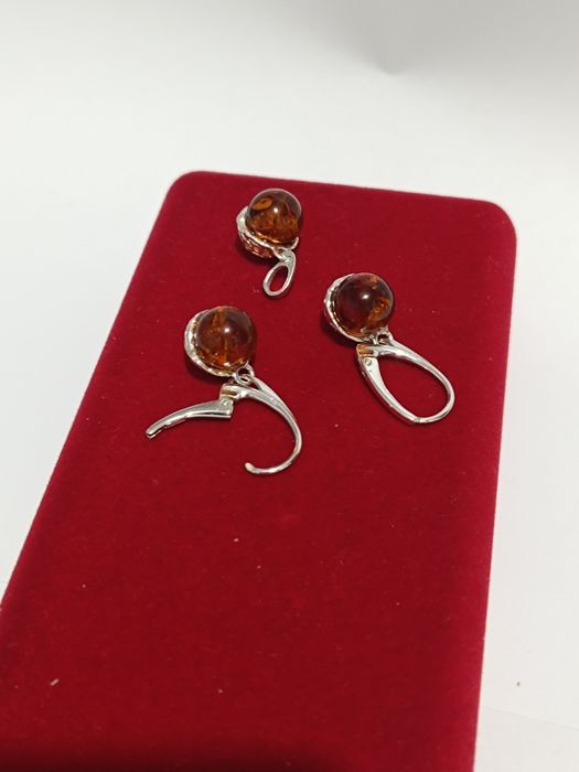 Srebrny komplet kolczyki wisiorek żołędzie z koniakowym bursztynem,925