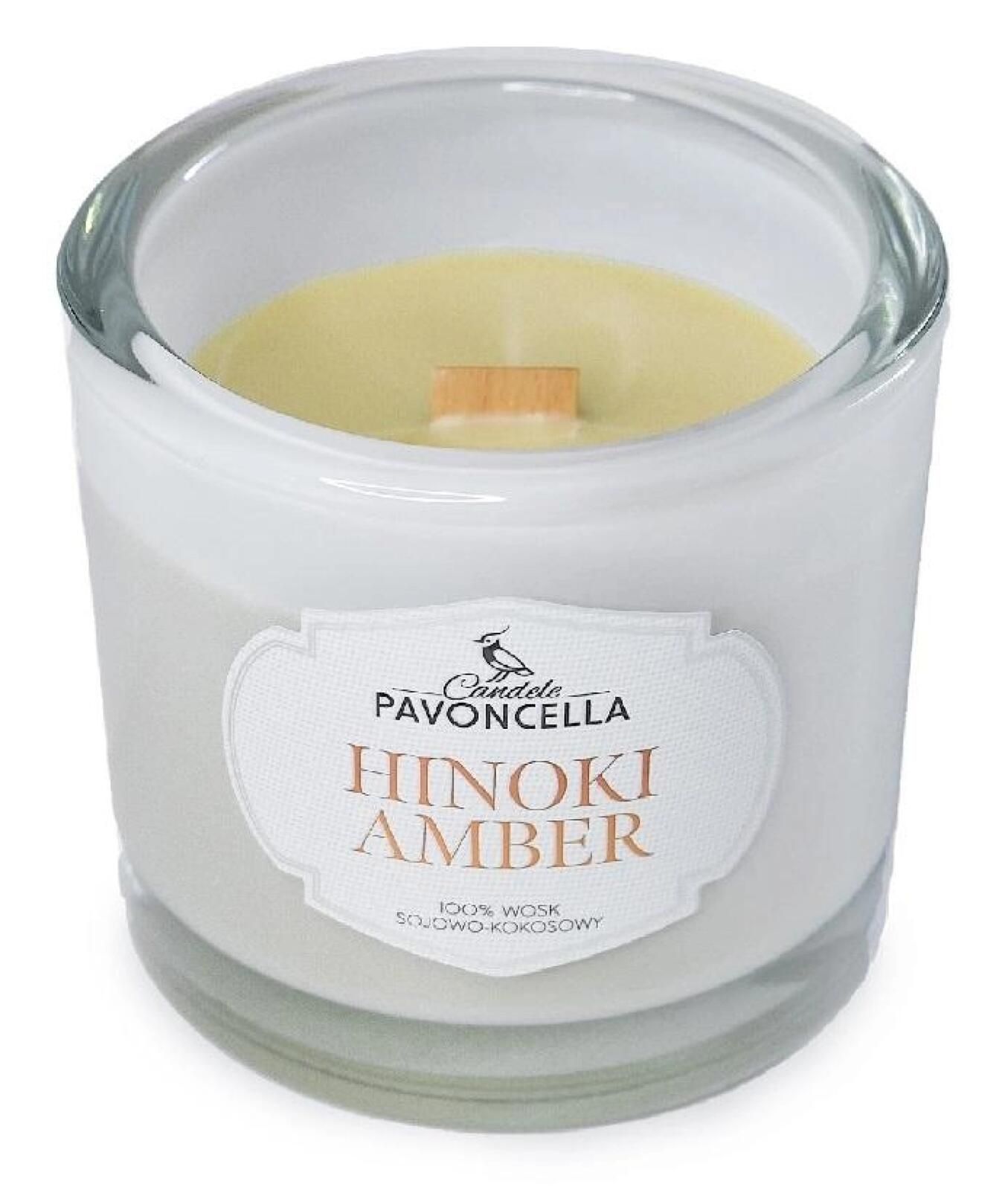Świeczka sojowa Hinoki Amber biała 170g Pavoncella oprawa: pudełko