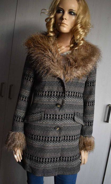 Płaszcz XS 34 przejściowy zimowy elegancki futrzany kołnierz wełna