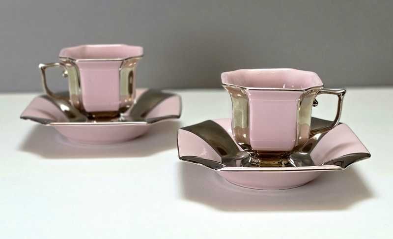 Para srebrzonych filiżanek do mokki różowa porcelana tête-à-tête