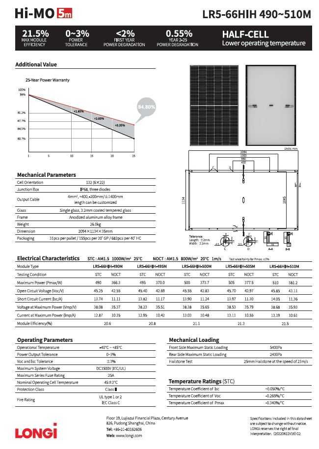 Panel fotowoltaiczny Longi 495W - LR5-66HIH-495M srebrna rama