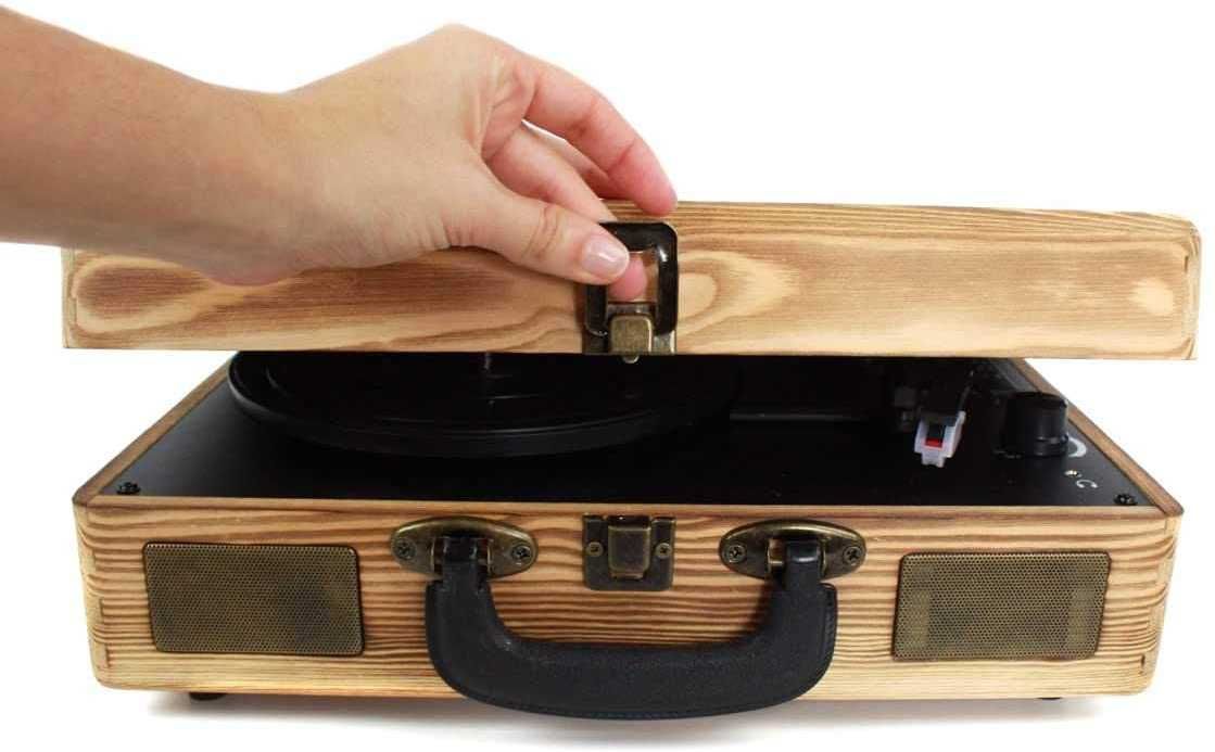 Gira discos portátil mala em madeira ou pele Bluetooth e USB