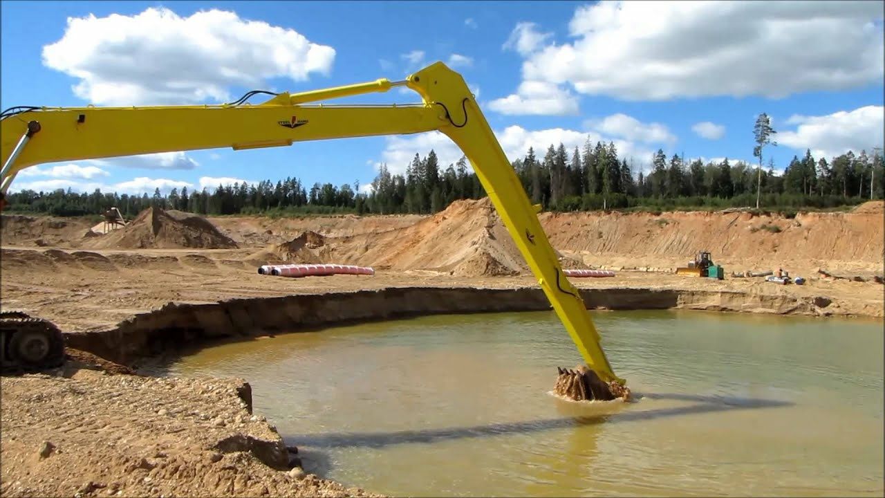 Аренда экскаватора с длинной стрелой 16-18м, чистка водоема