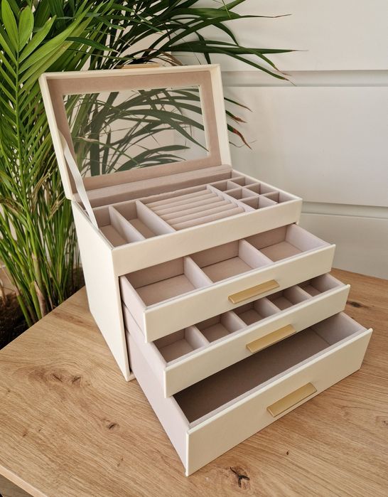 Duży luksusowy kuferek na biżuterię XXL nowy luksusowy ecru kremowy