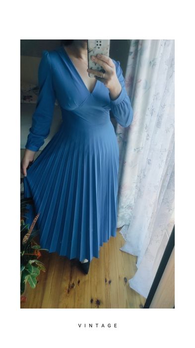 Niebieska sukienka MIDI plisowana vintage sukienka kate