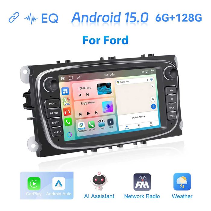 Rádio Android 15 Ford Focus S-Max Mondeo Galaxy 6/128GB Carplay GPS