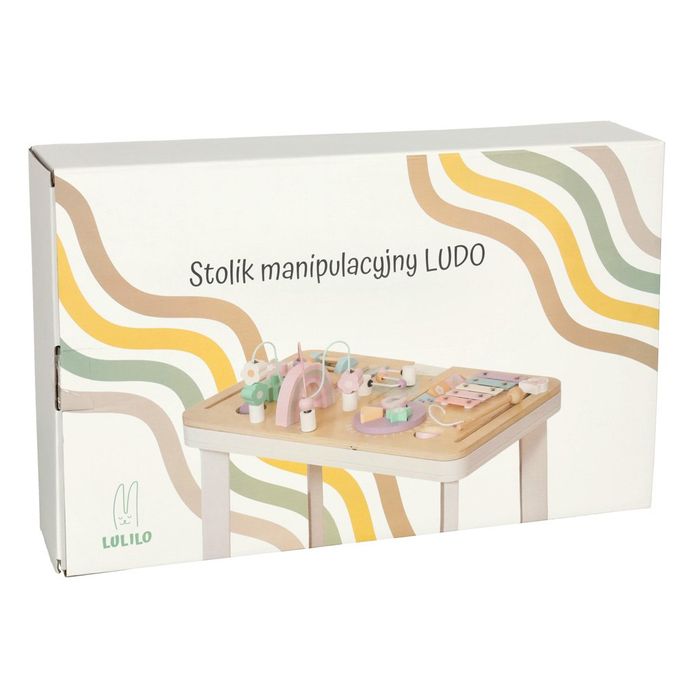 Tablica manipulacyjna LULILO LUDO stolik drewniany sensoryczny różowy
