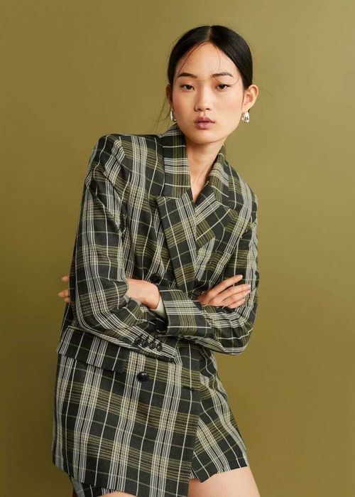 Двобортний блейзер Mango  | Зелено-кремовий тартан | Розмір XS