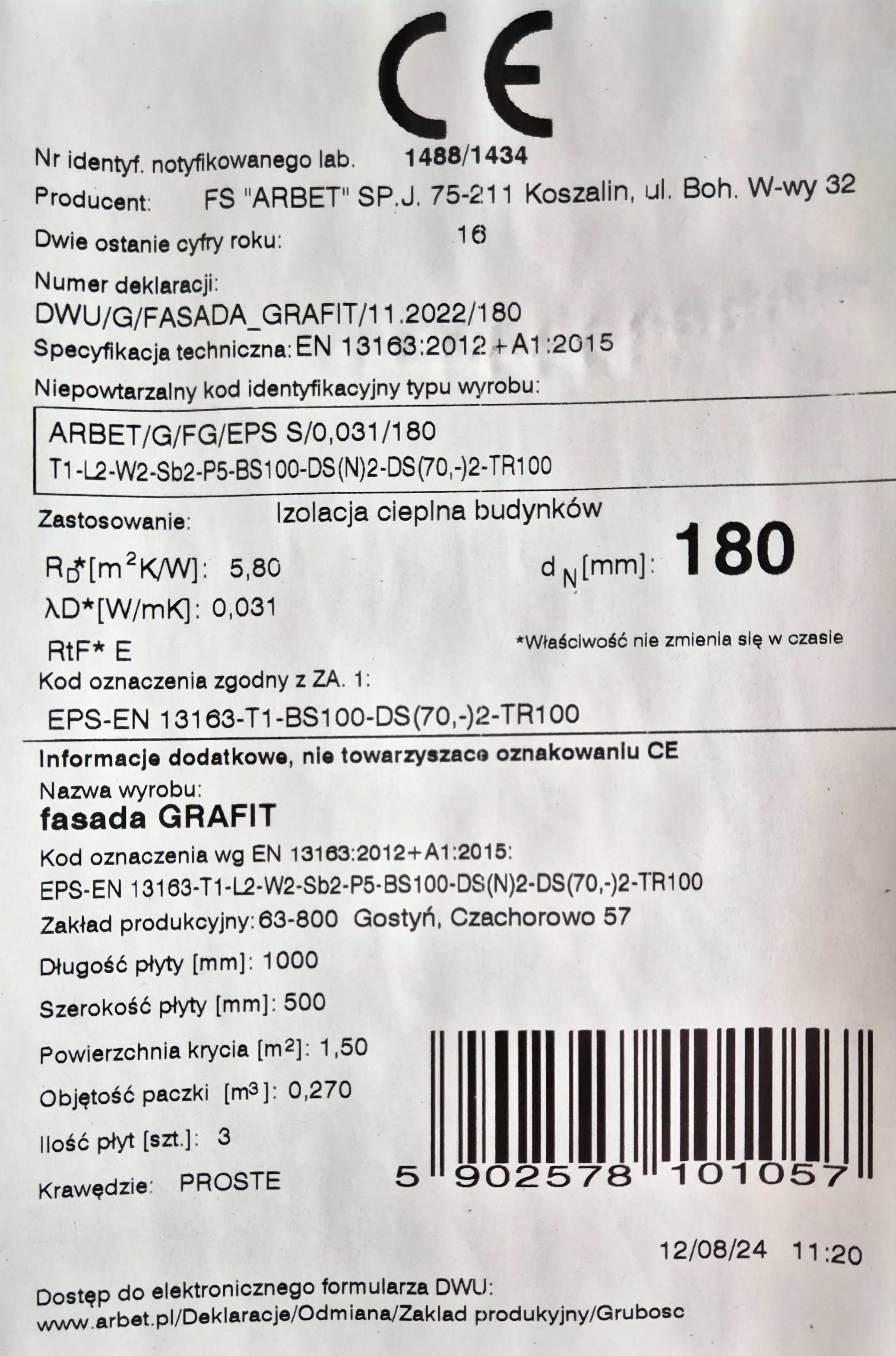 Styropian (EPS) ARBET fasada GRAFIT lambda 0,031 grubość 180 mm