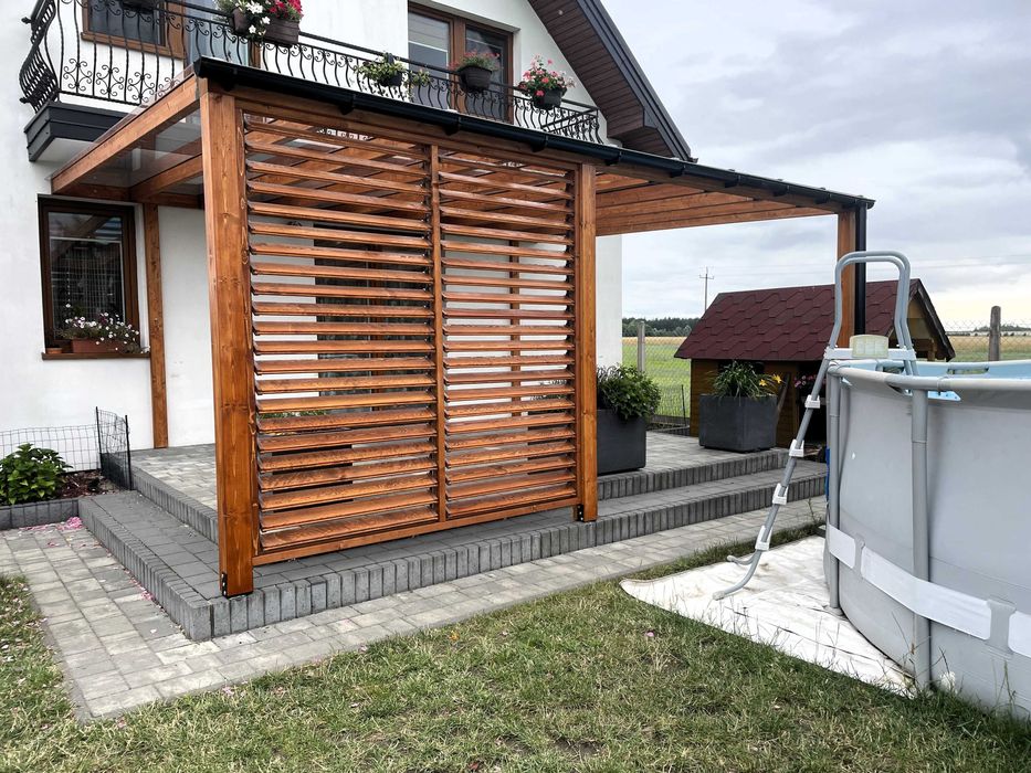 Zadaszenie tarasu, pergola, drewno BSH, shutters, altana, poliwęglan