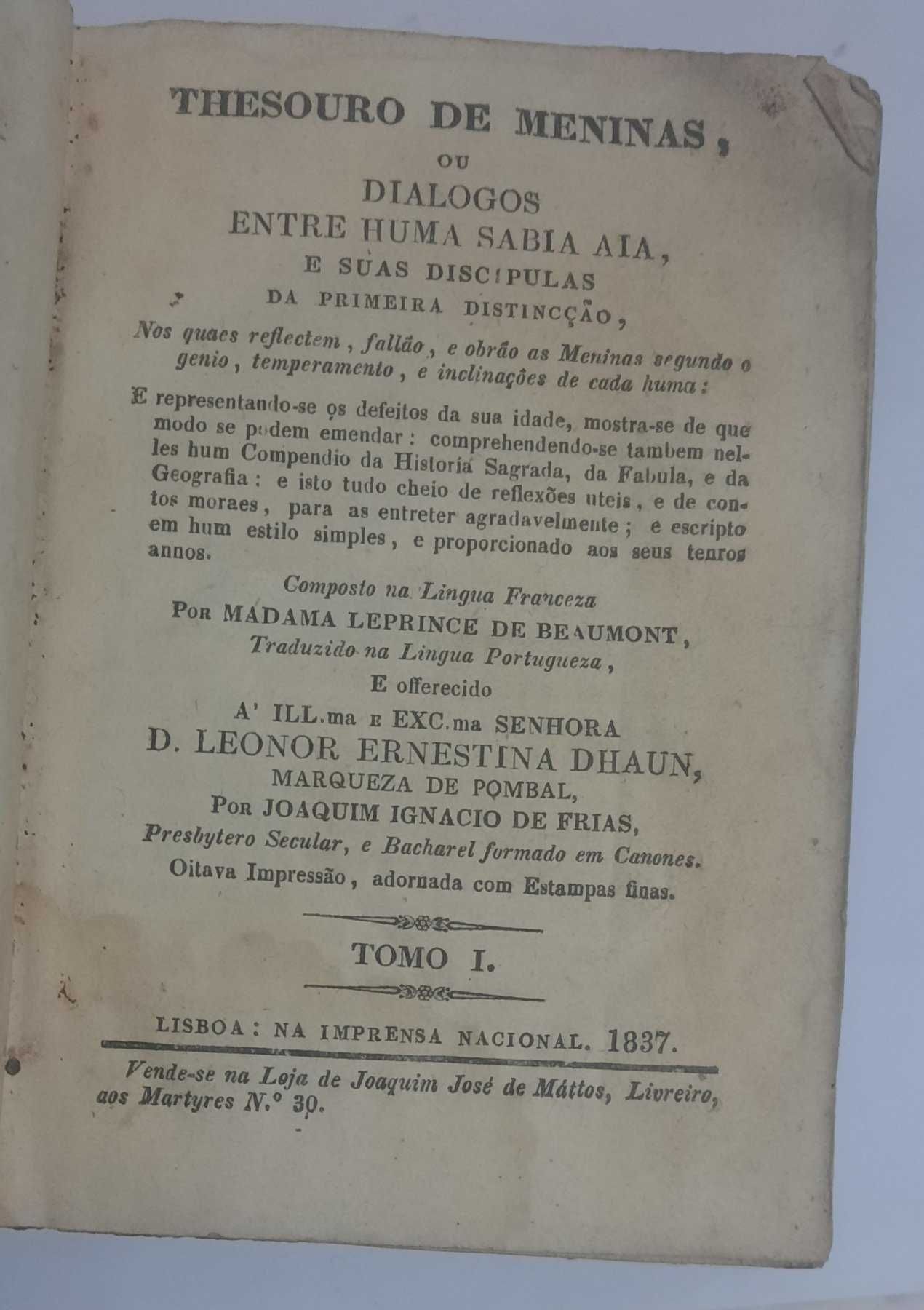 Jeanne-Marie Leprince de Beaumont - Thesouro de Meninas. 2 vols. 1837.