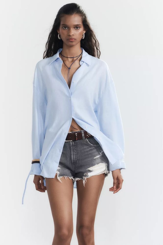 Блакитна сорочка Zara з льоном S-M на затяжці