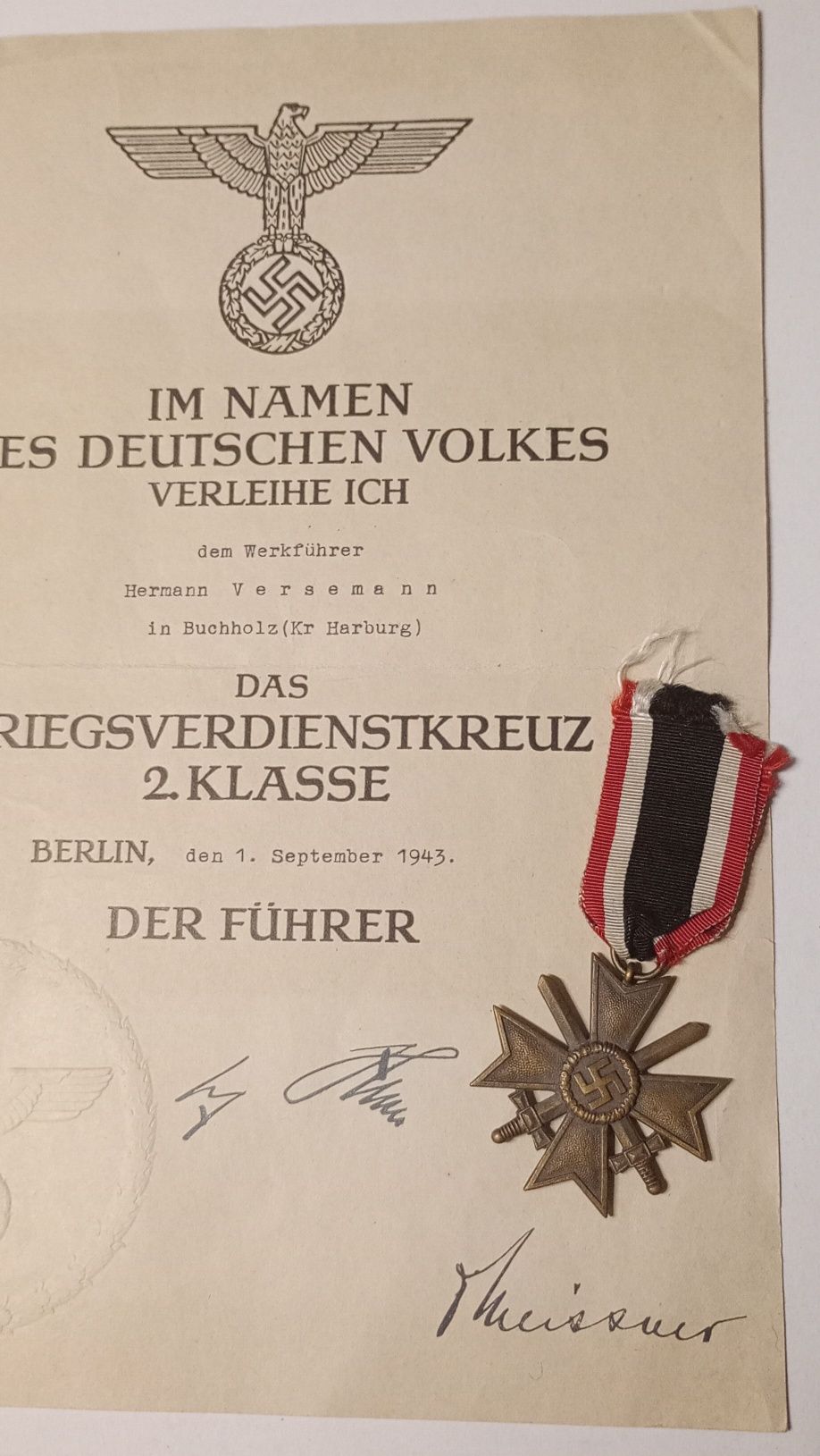 Militaria de Trincheira Werhmatch Cruz de Mérito Espadas Certificado