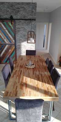 Stół naturalny drewniany blat teak grafitowe metalowe nogi 240x100 cm