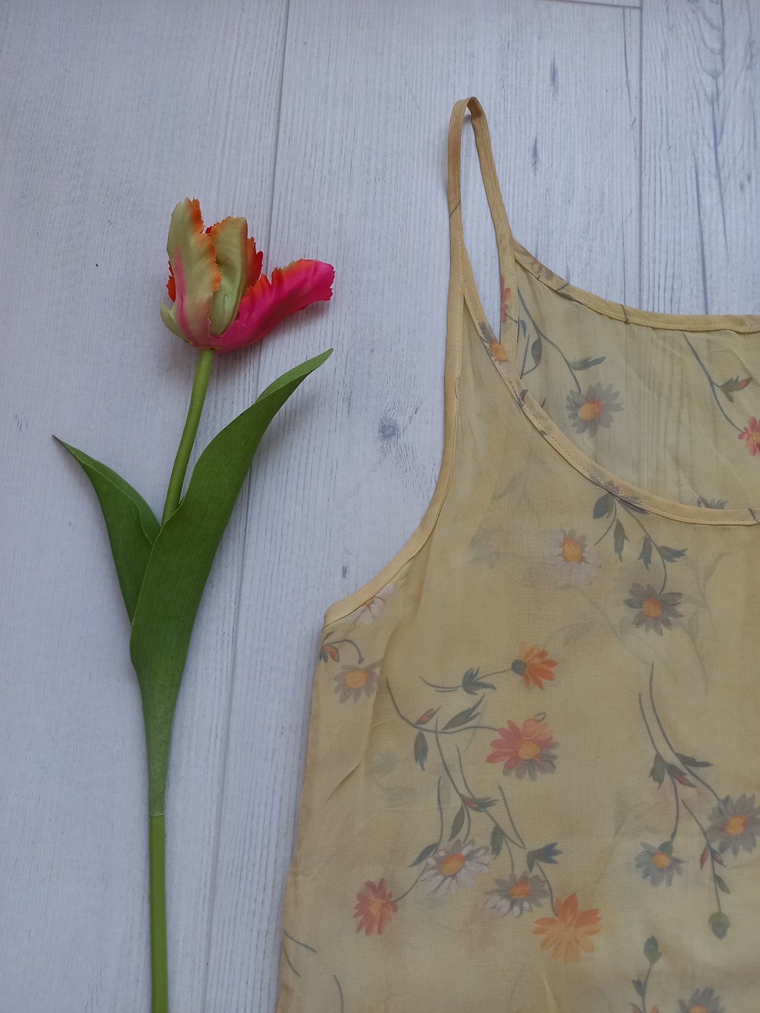 Żółta tunika przezroczysta tiulowa kwiatki bluzka sukienka vintage XL