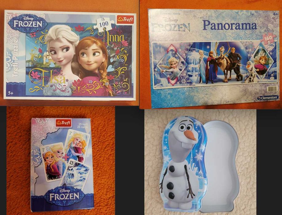 Gra karciana, puzzle i pudełko Frozen + puzzle ze Śnieżką