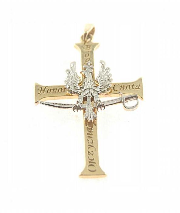 ZŁOTY Krzyżyk Krzyż Patriotyczny Orzeł SZABLA ZŁOTO p.585 KUTY