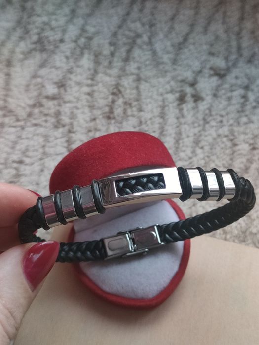 Męska bransoletka czarny rzemyk ekoskóra stal nierdzewna zapięcie