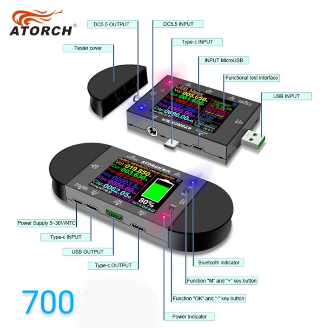 USB tester ATORCH UD18/UD24,  30V, DC 5.5,  Bluetooth . Юсб тестер