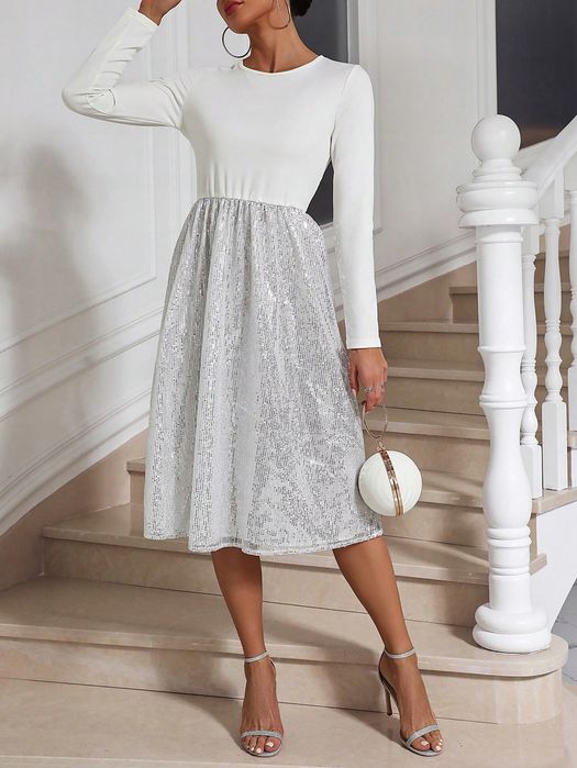 Sukienka Imprezowa Rozkloszowana Midi Cekinowa Srebrna Shein L 40