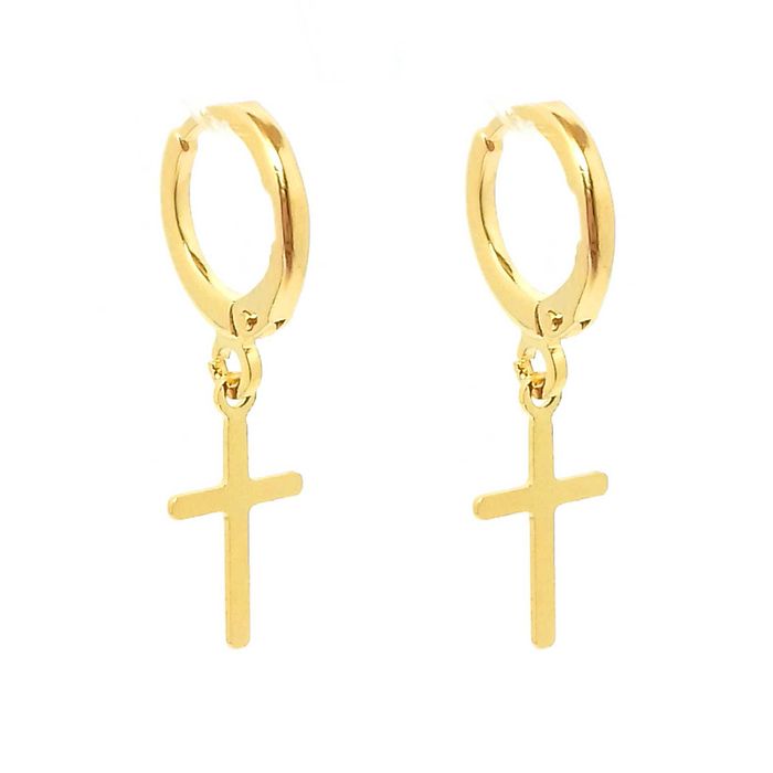 Brinco Argola Pequena Pendente Crucifixo feito à mão banhado Ouro 18k