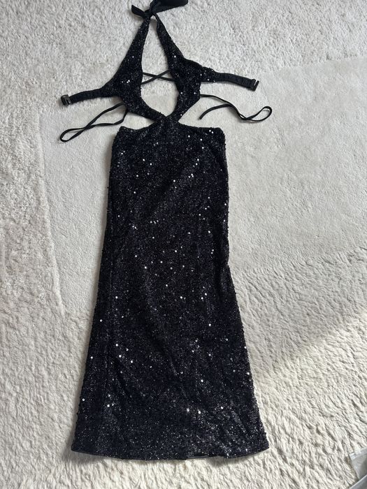 Czarna dluga sukienka cekiny nowa sister party Xs