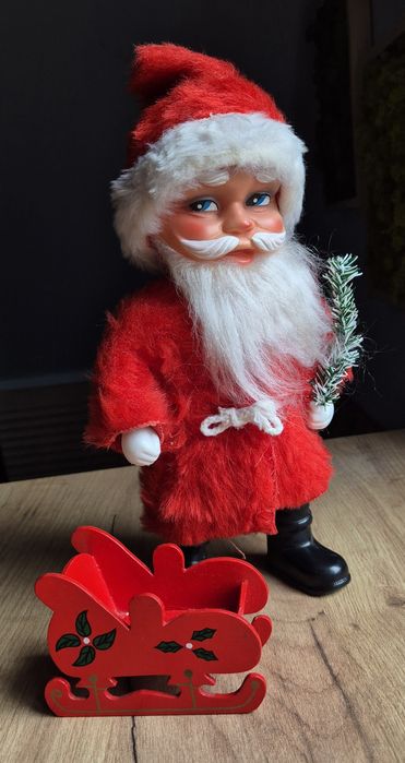 Figurka celuloid PRL Mikołaj sanie drewniane vintage święta lalka