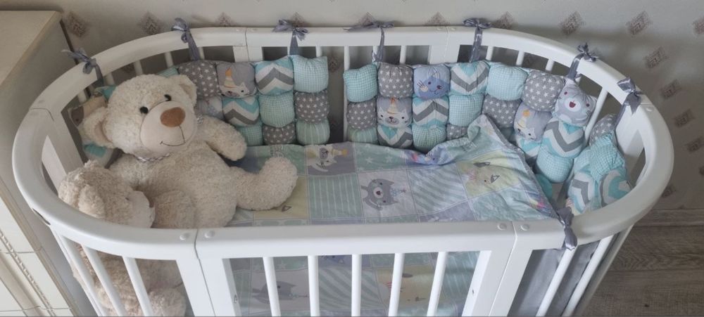 Овальне ліжечко трансформер 9в1 white 70/120. Натуральне дерево.