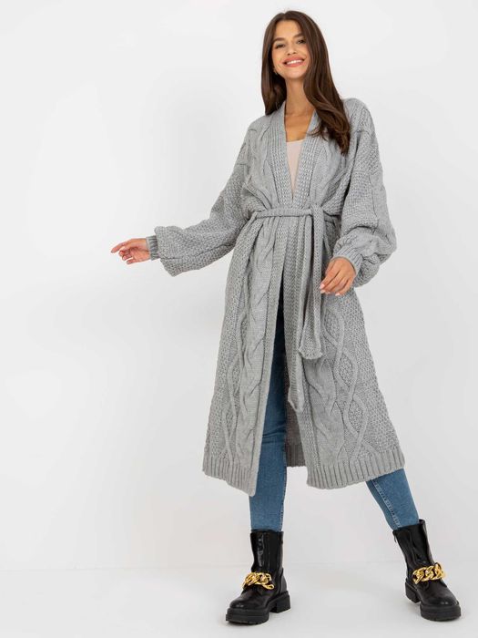 KARDIGAN damski długi w warkocze z paskiem z wełną 38 40 42