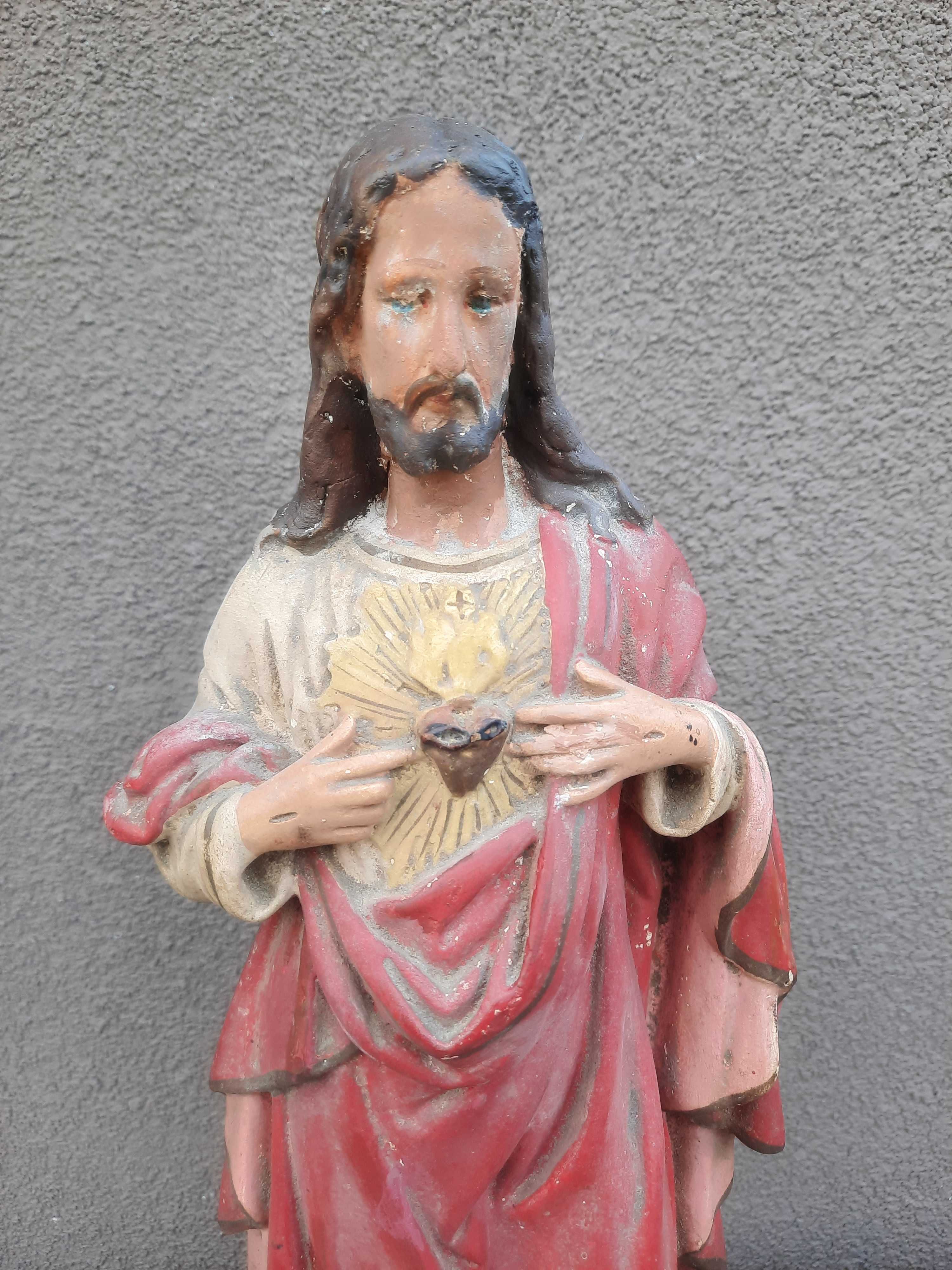 Stara przedwojenna figura gipsowa Serce Jezusa 43cm sygnatura