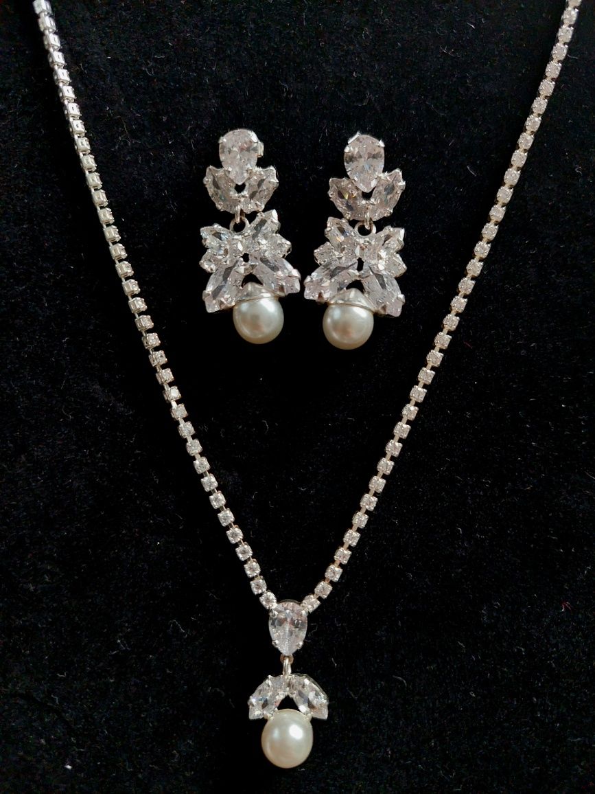 Komplet ślubny perły cyrkonie