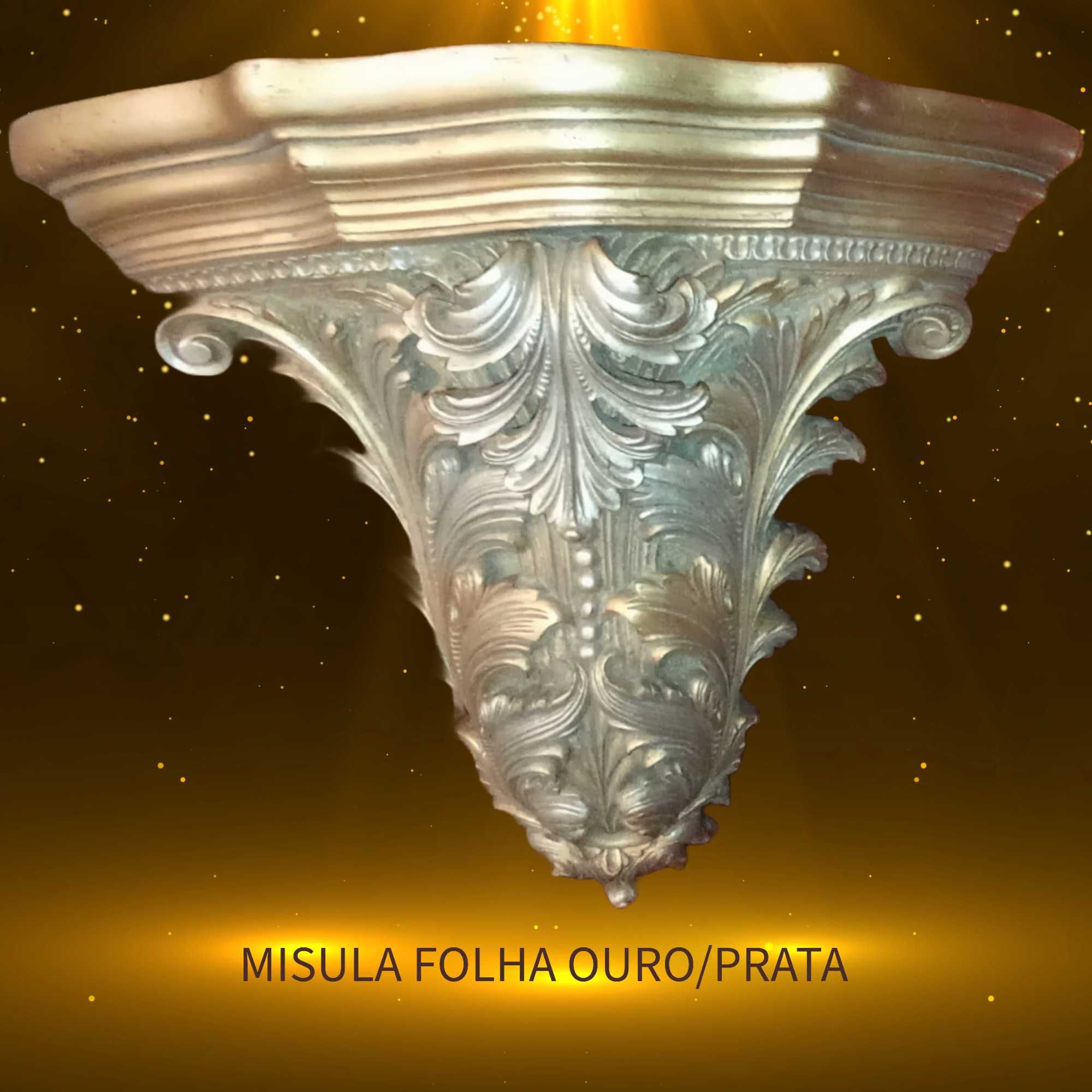 Talha Madeira Dourada e prata folha de ouro 60 cm alt x 50 cm larg