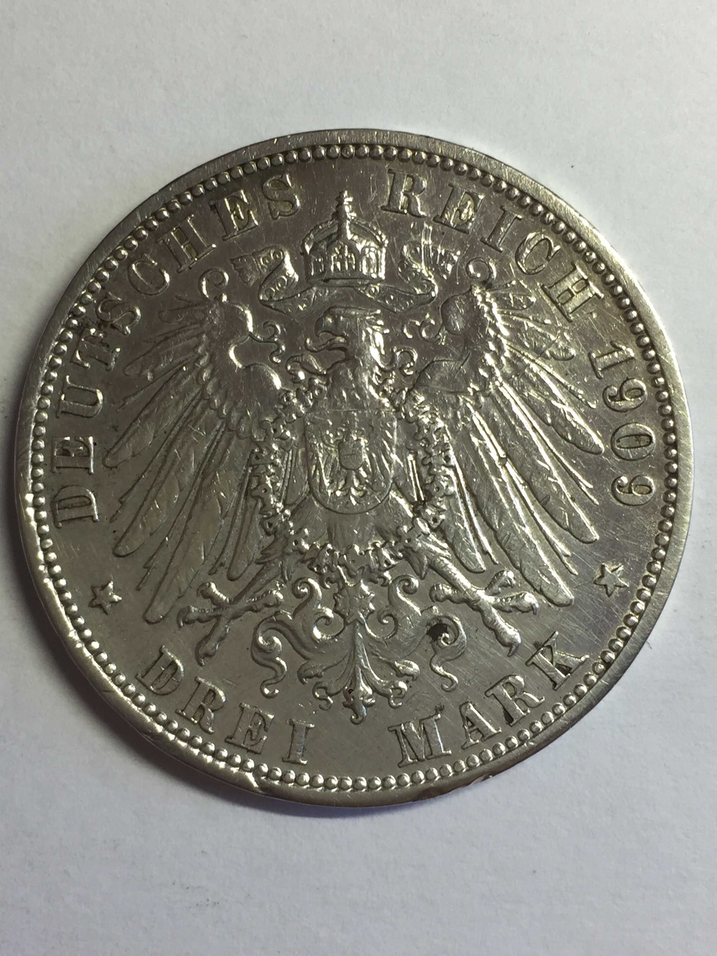 moneta 3 marki - Wilhelm II - Prusy - Niemcy - 1909