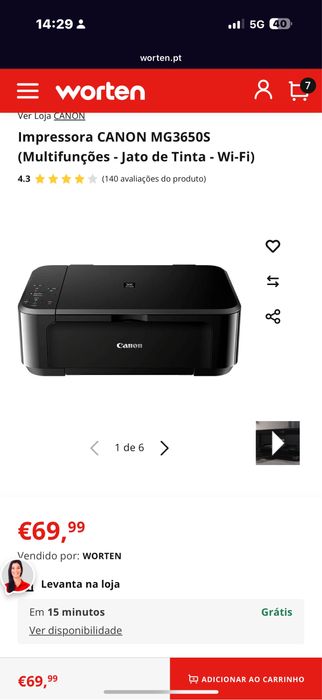 Impressora CANON MG3650S (Multifunções - Jato de Tinta - Wi-Fi)