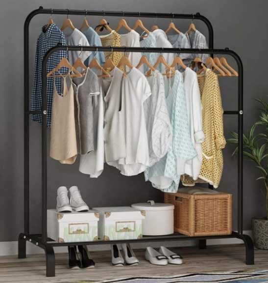 Двойная стойка-вешалка для одежды и обуви  напольная стальная с полкой